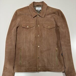 REISS Suede Button-Through Trucker Jacket Coat in Biscuit Size Medium Pristine